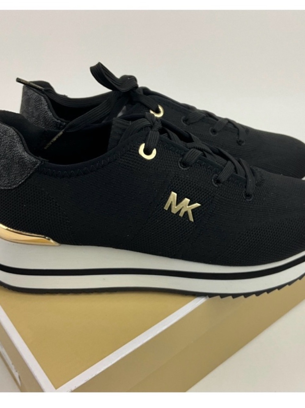 NWB Michael Kors Black Knit Platform Sneakers with White Stripe - Picture 5 of 8
